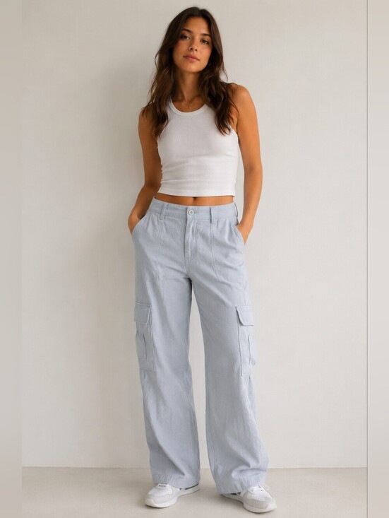 Hollister Pants - Hollister Ultra High-Rise Baggy Cargo Pants Dusty Blue Linen Blend Size Small